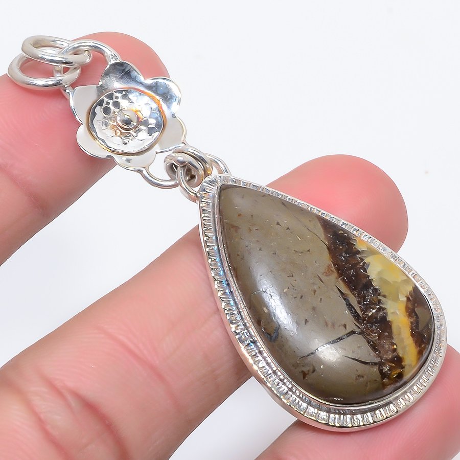 Sapterian Stone 925 Sterling Silver Pendant, Handmade Pendant, Pear Pendant, Brown Pendant, Unique Silver Pendant, Fine Pendant, Silver Jewelry Pendant
