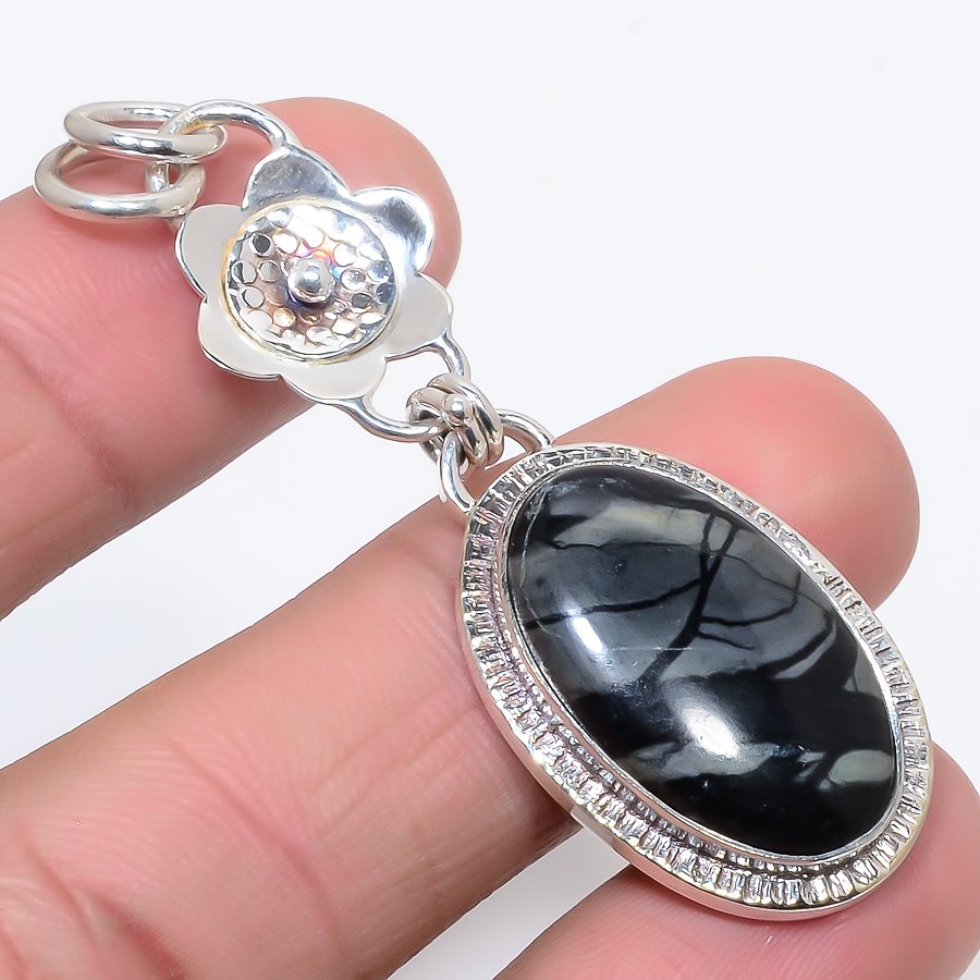Picasso Jasper 925 Sterling Silver Pendant, Handmade Pendant, Oval Pendant, Black Pendant, Unique Silver Pendant, Fine Pendant, Silver Jewelry Pendant