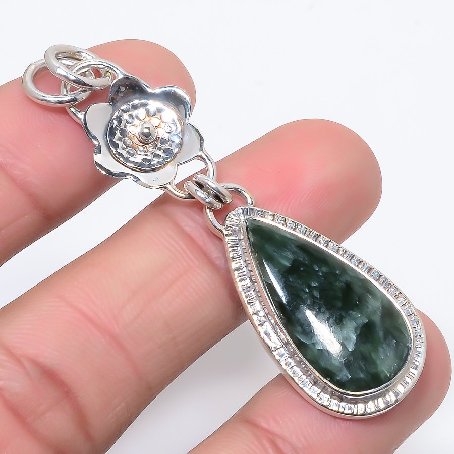Seraphinite 925 Sterling Silver Pendant, Handmade Pendant, Pear Pendant, Green Pendant, Unique Silver Pendant, Fine Pendant, Silver Jewelry Pendant