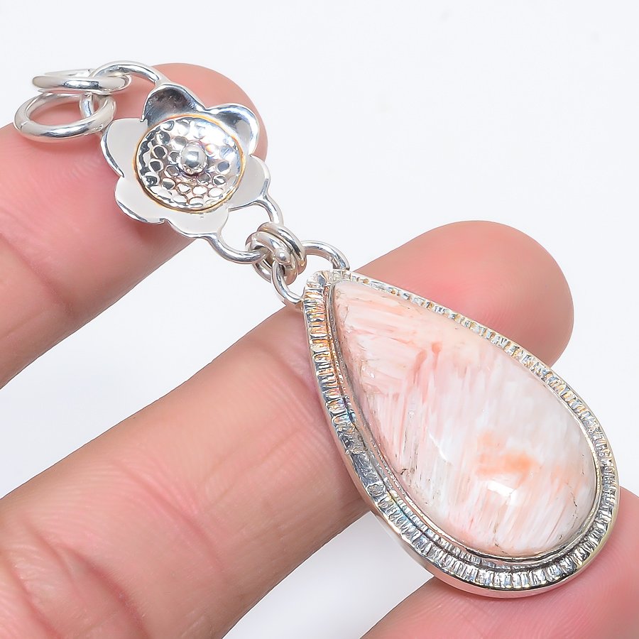 Scolecite 925 Sterling Silver Pendant, Handmade Pendant, Pear Pendant, Orange Pendant, Unique Silver Pendant, Fine Pendant, Silver Jewelry Pendant