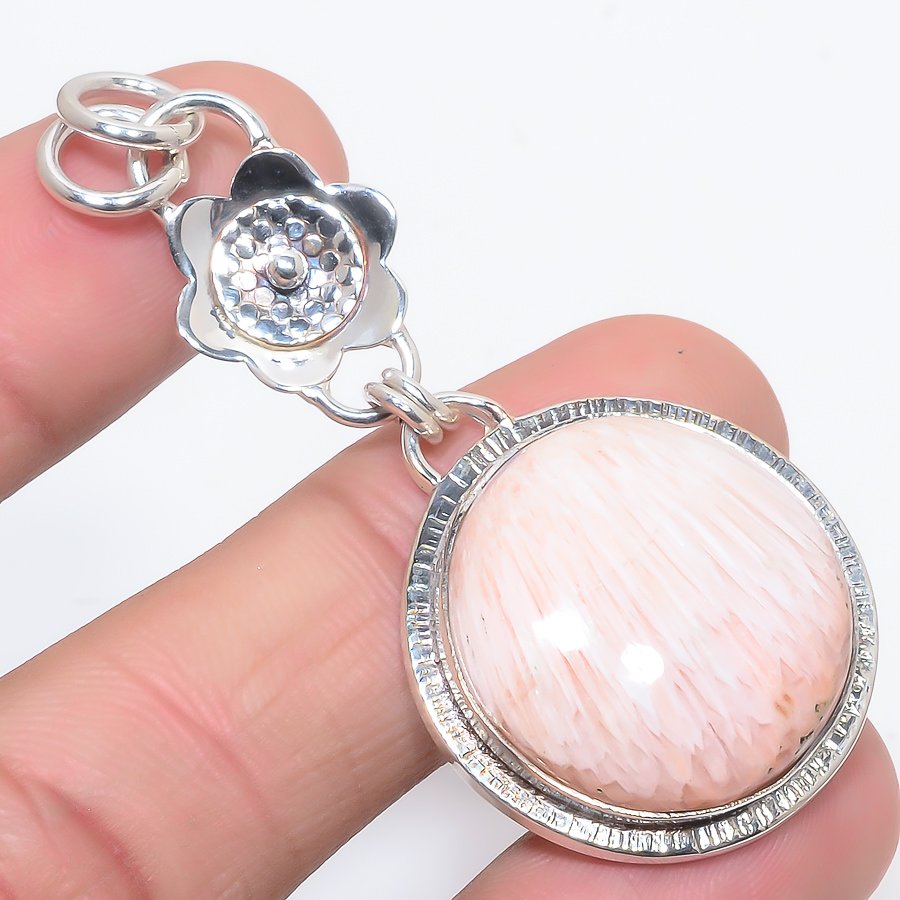 Scolecite 925 Sterling Silver Pendant, Handmade Pendant, Round Pendant, Orange Pendant, Unique Silver Pendant, Fine Pendant, Silver Jewelry Pendant