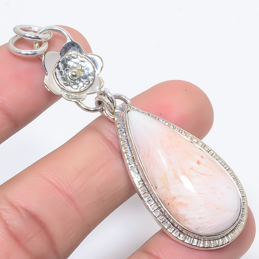 Scolecite 925 Sterling Silver Pendant, Handmade Pendant, Pear Pendant, Orange Pendant, Unique Silver Pendant, Fine Pendant, Silver Jewelry Pendant