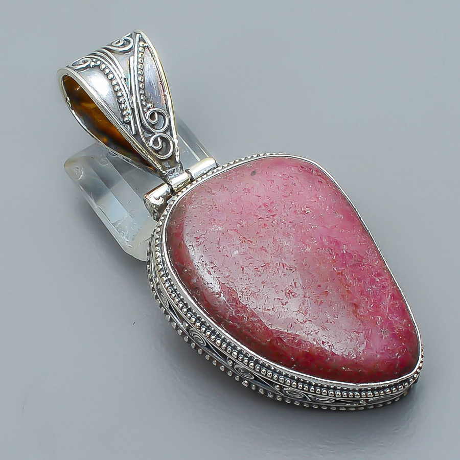 Black Manganese In Rhodonite 925 Sterling Silver Pendant, Handmade Pendant, Trillion Pendant, Pink Pendant, Unique Silver Pendant, Fine Pendant, Silver Jewelry Pendant